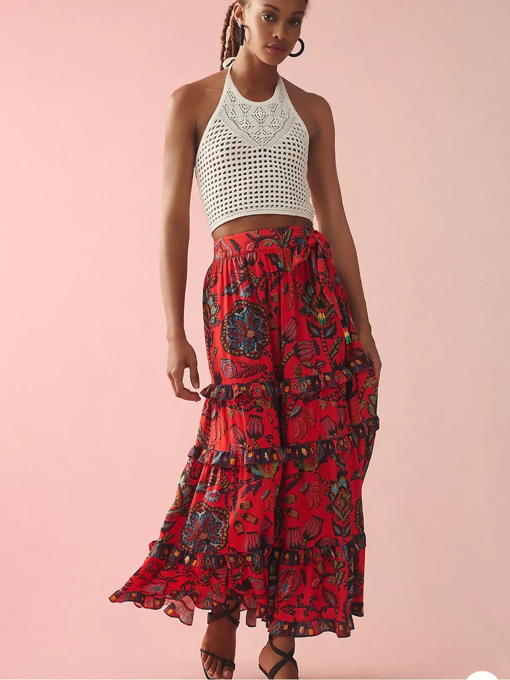 FARM Rio Red Floral Tiered Boho Maxi Skirt